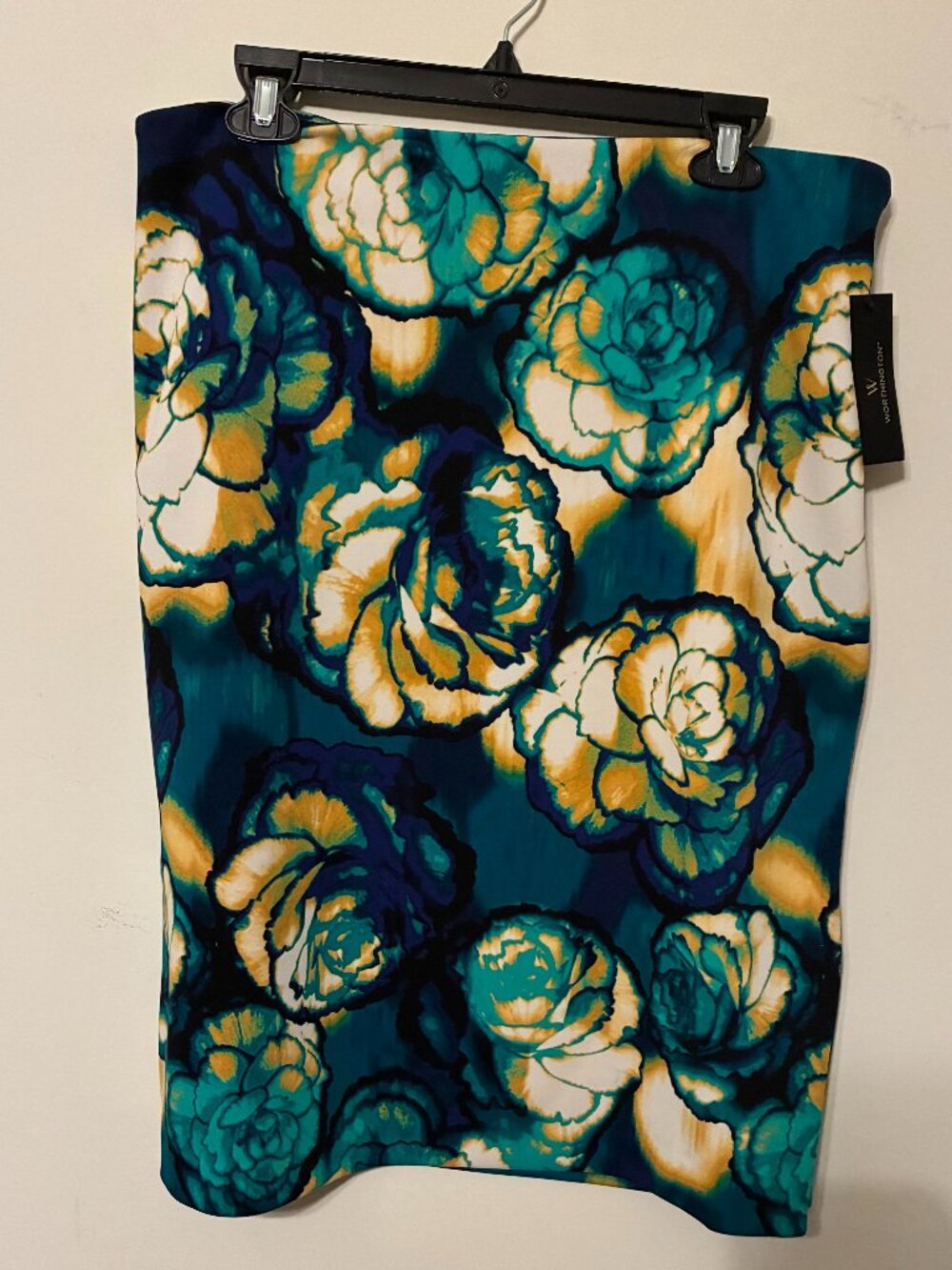 NWT Worthington Teal Floral Stretch Knit Side Zip Pencil Skirt Sz 14